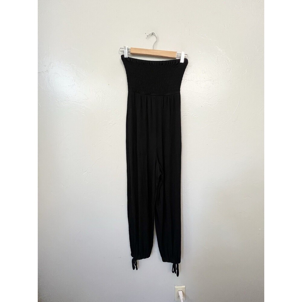 Free People Strapless Balloon Leg Jumpsuit XS Black Smocked Boho Beach
